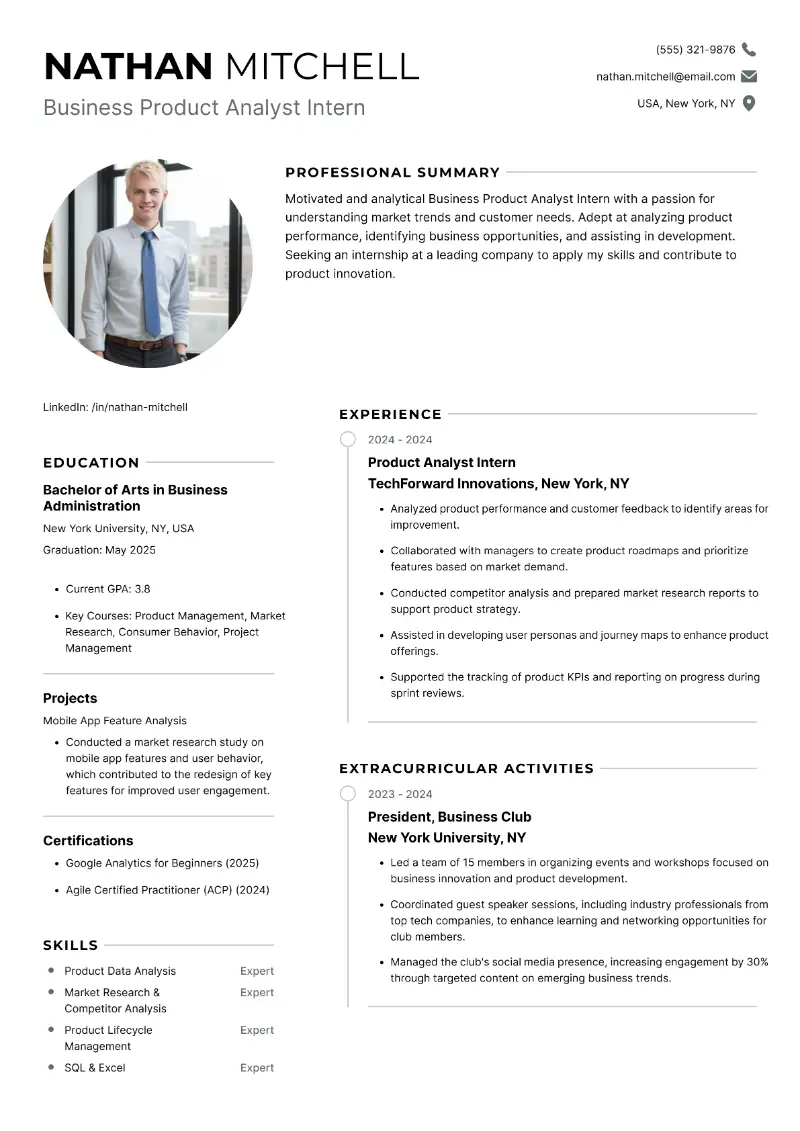 Business Product Analyst Intern Resume