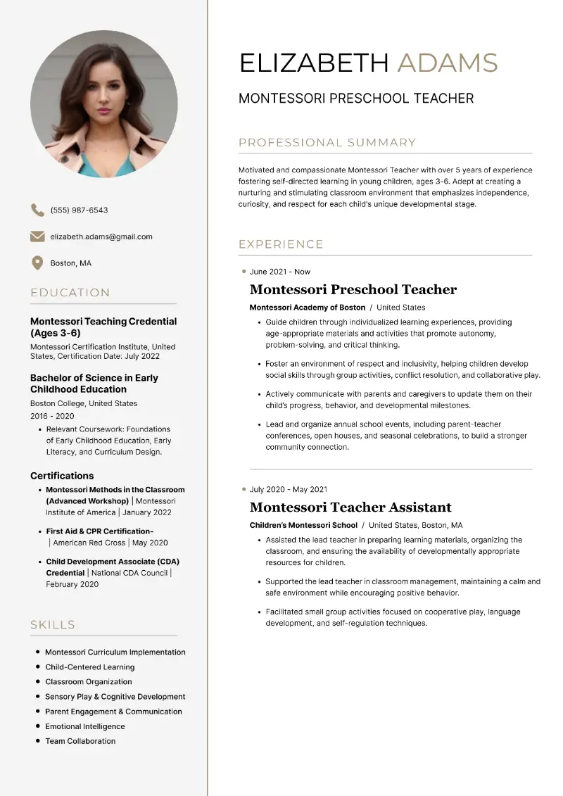 Montessori Preschool Teacher Resume Montessori Preschool Teacher Resume