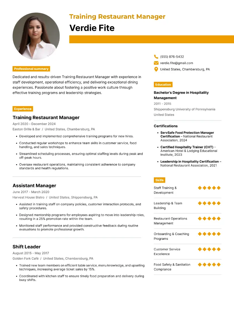 Training Restaurant Manager Resume Training Restaurant Manager Resume