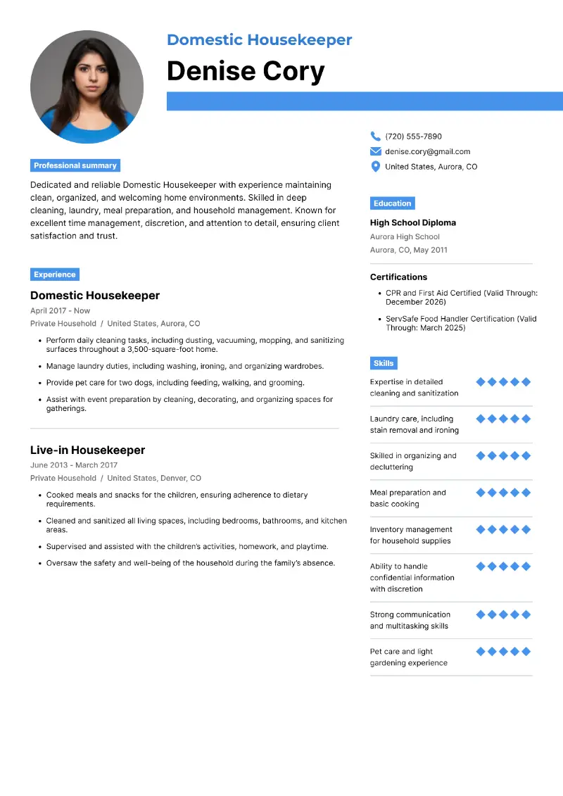 Domestic Housekeeper Resume Domestic Housekeeper Resume