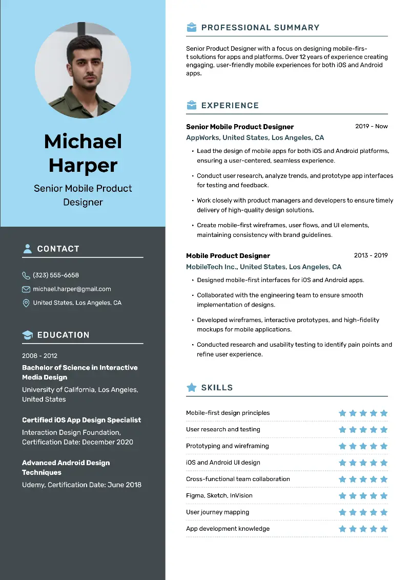Senior Mobile Product Designer Resume Senior Mobile Product Designer Resume
