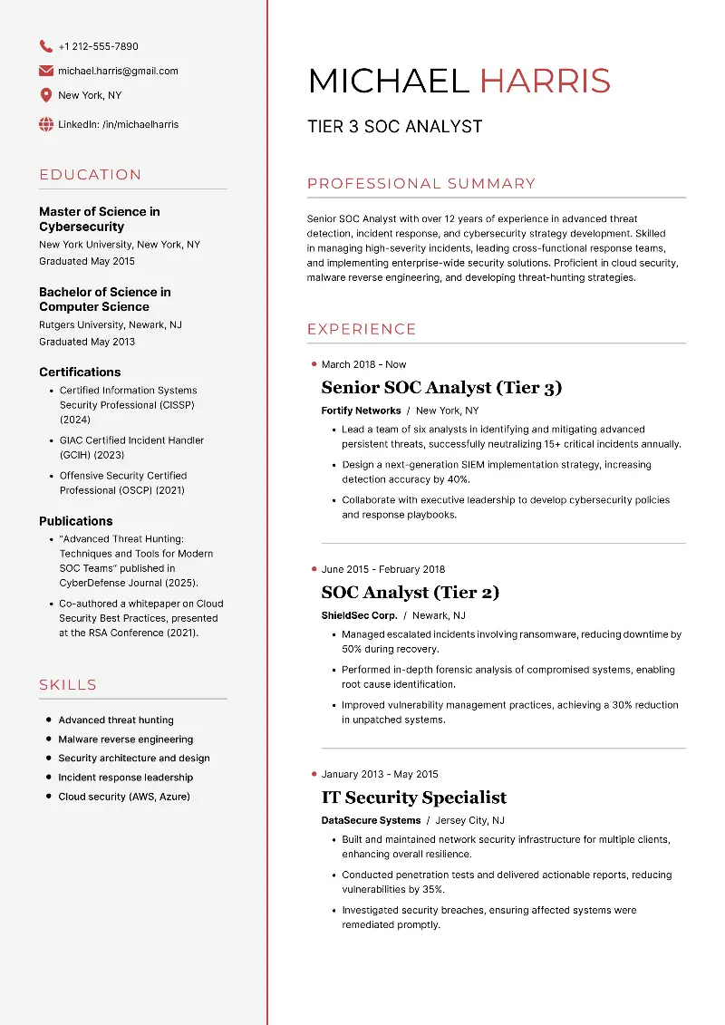 Tier 3 SOC Analyst Resume