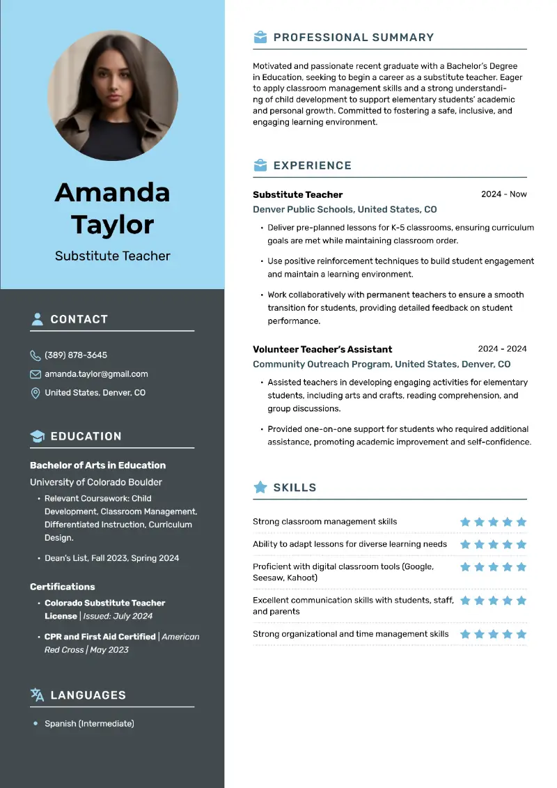 Entry-Level Substitute Teacher Resume Examples for 2025