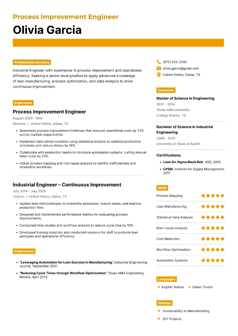 Process Improvement Engineer Resume Process Improvement Engineer Resume