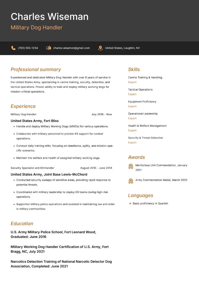 Military Dog Handler Resume Military Dog Handler Resume