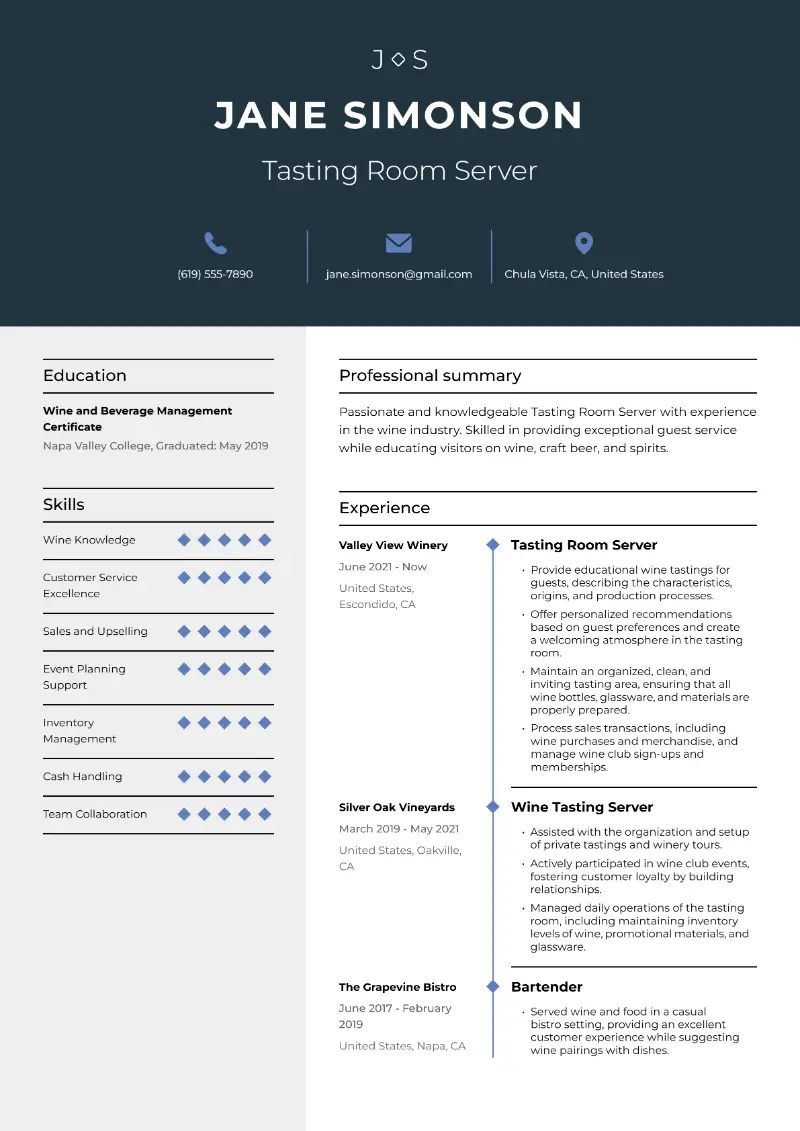 Tasting Room Server Resume Tasting Room Server Resume