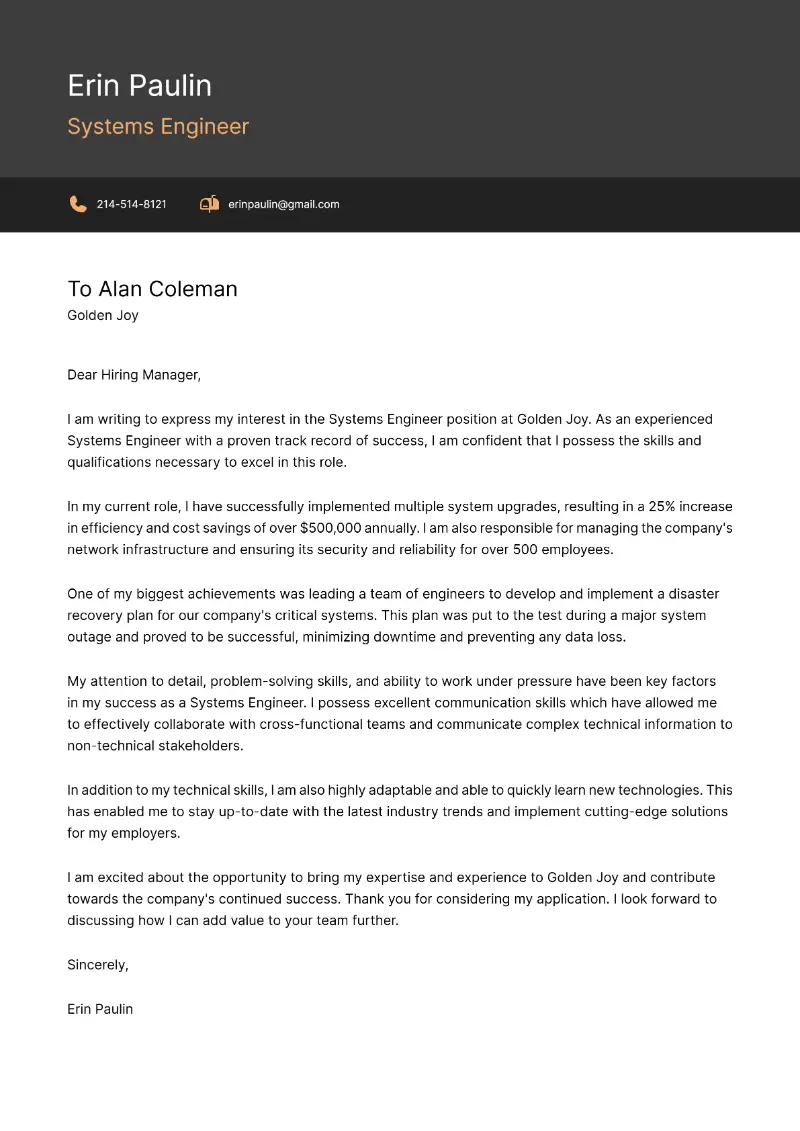 Systems Engineer Cover Letter Systems Engineer Cover Letter