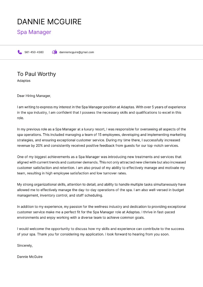 Spa Manager Cover Letter Spa Manager Cover Letter