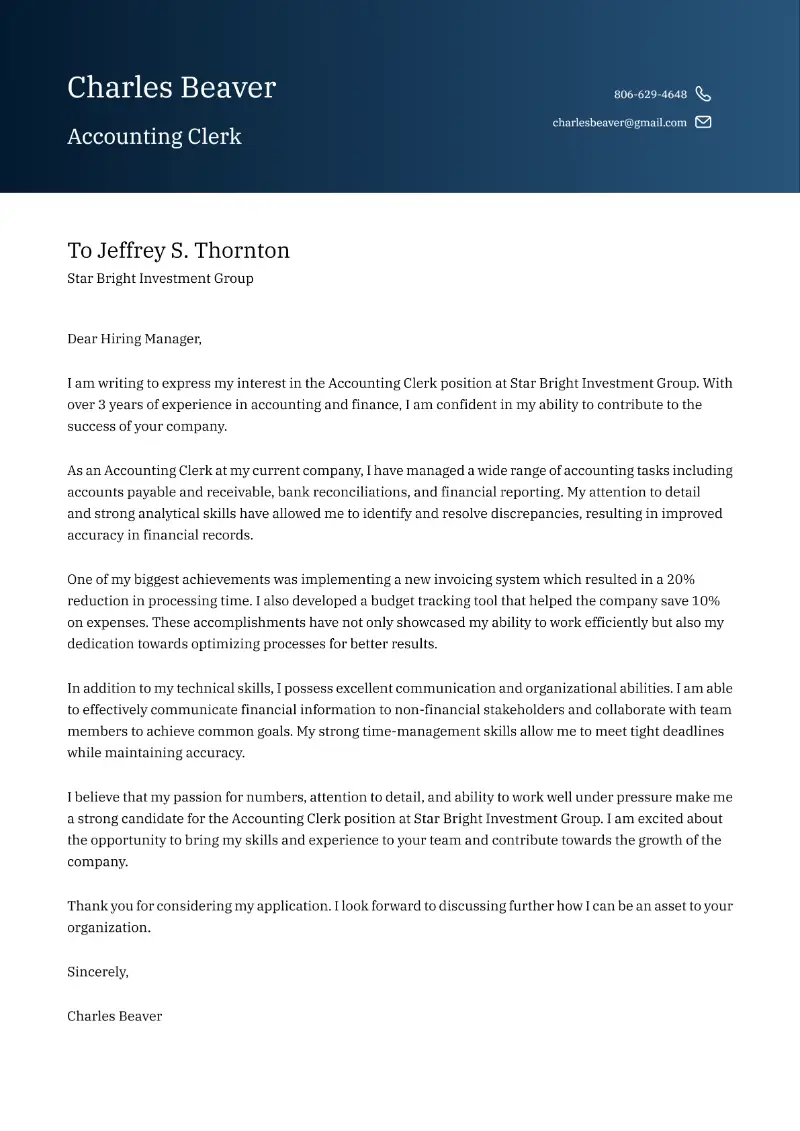 Accounting Clerk Cover Letter