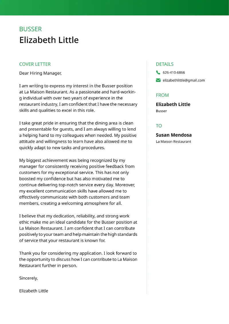 Busser Cover Letter Busser Cover Letter