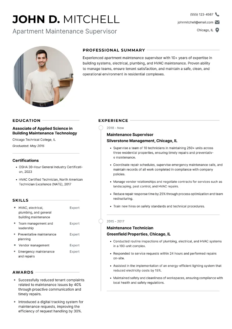 Maintenance Supervisor Resume Examples & Templates 2025