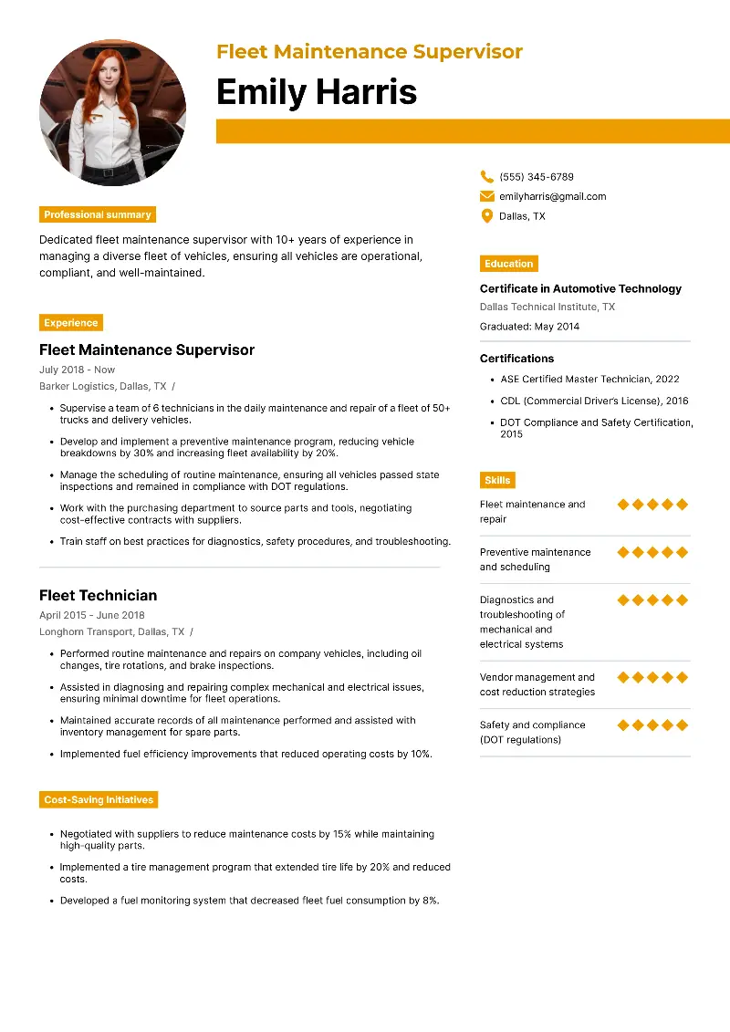 Fleet Maintenance Supervisor Resume Fleet Maintenance Supervisor Resume