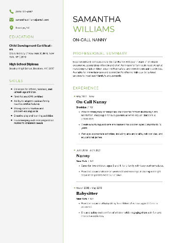 On-Call Nanny Resume