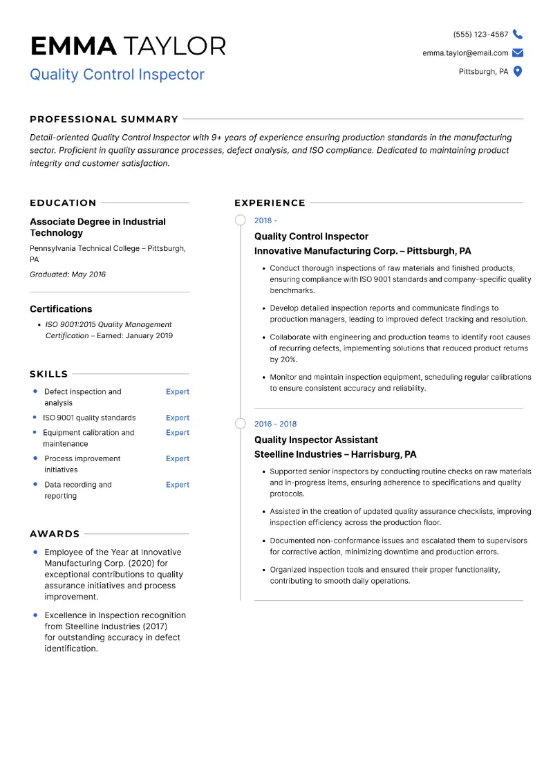 Quality Inspector Resume Examples and Writing Tips for 2025