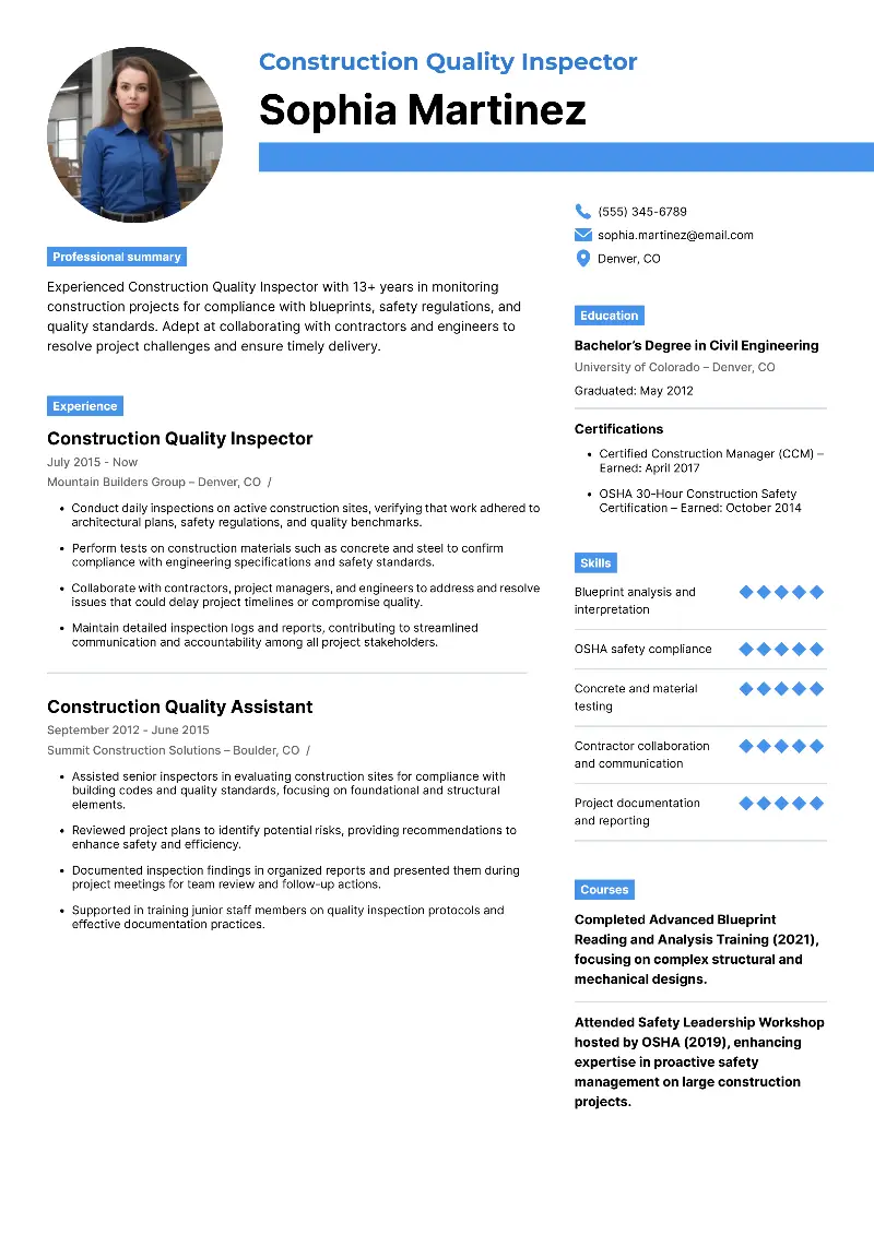 Construction Quality Inspector Resume Construction Quality Inspector Resume
