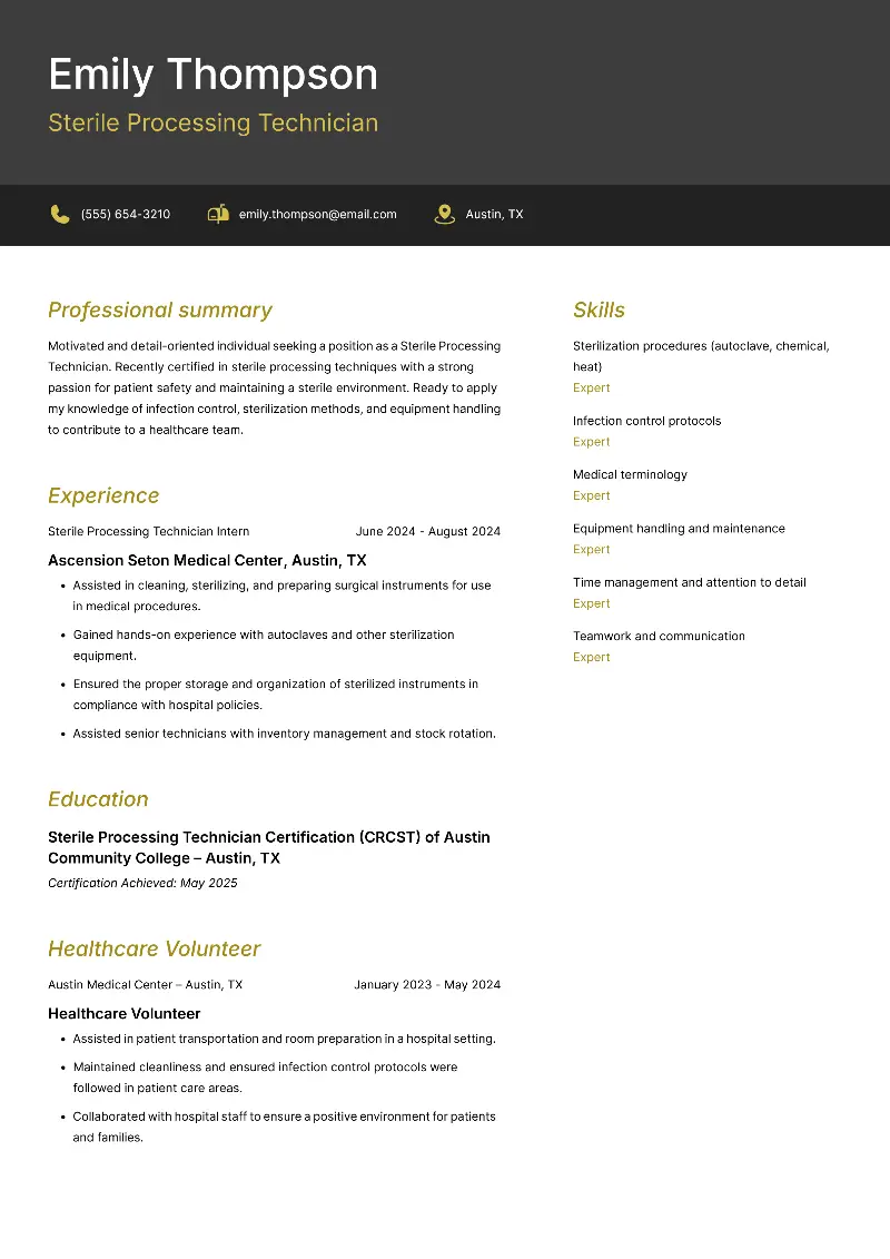 Sterile Processing Technician Resume