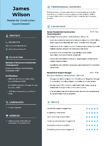 Residential Construction Superintendent Resume Sample
