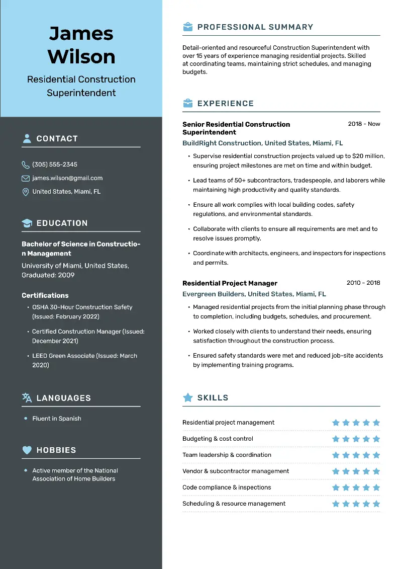 4 Construction Superintendent Resume Examples & Writing Tips