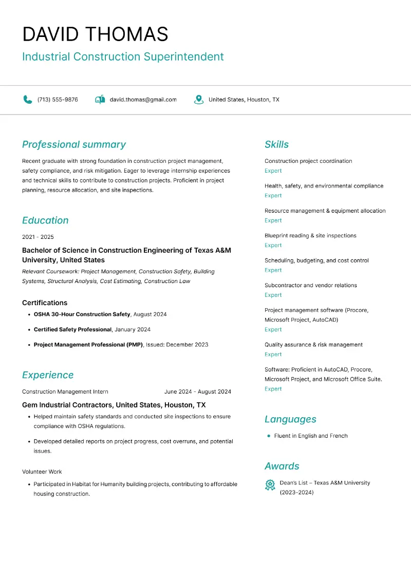 Industrial Construction Superintendent Resume Industrial Construction Superintendent Resume