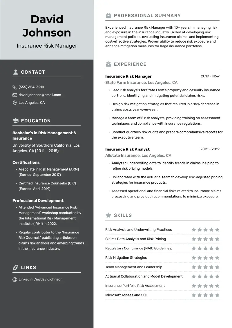 Insurance Risk Manager Resume