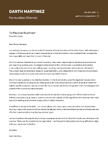 Formulation Chemist Cover Letter Example Formulation Chemist Cover Letter Example