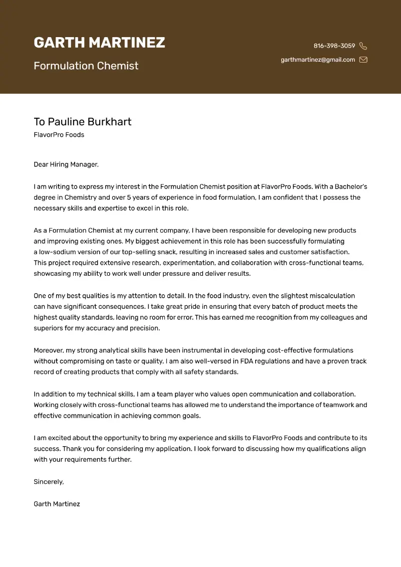 Formulation Chemist Cover Letter Formulation Chemist Cover Letter