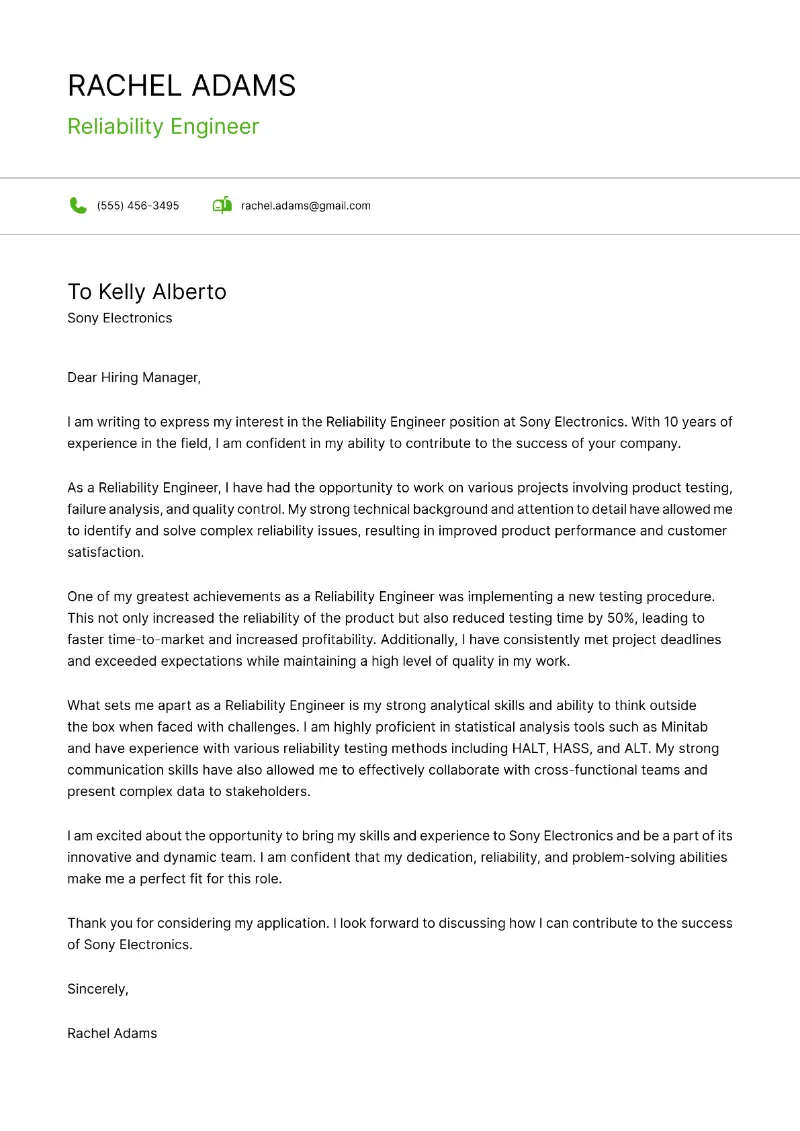 Reliability Engineer Cover Letter Reliability Engineer Cover Letter