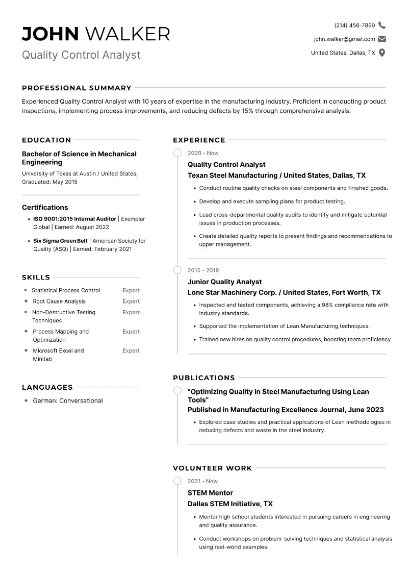 Quality Control Analyst Resume Examples and Guide for 2025