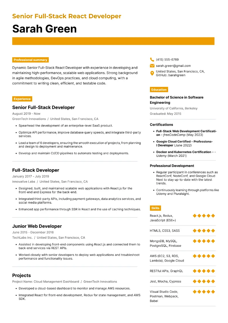 Senior React Developer Resume Examples and Templates