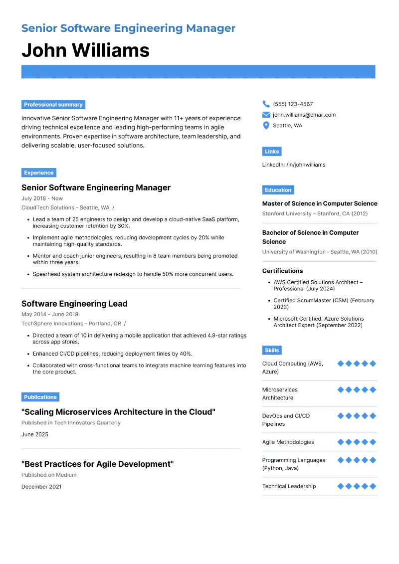 Senior Engineering Manager Resume Examples + Guide for 2025