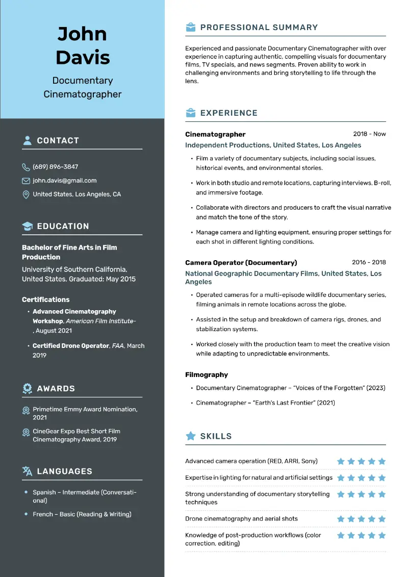 Cinematographer Resume Examples and Tips for 2025