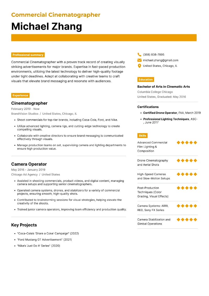 Commercial Cinematographer Resume