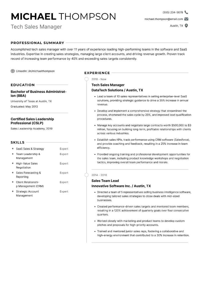 Tech Sales Manager Resume Tech Sales Manager Resume