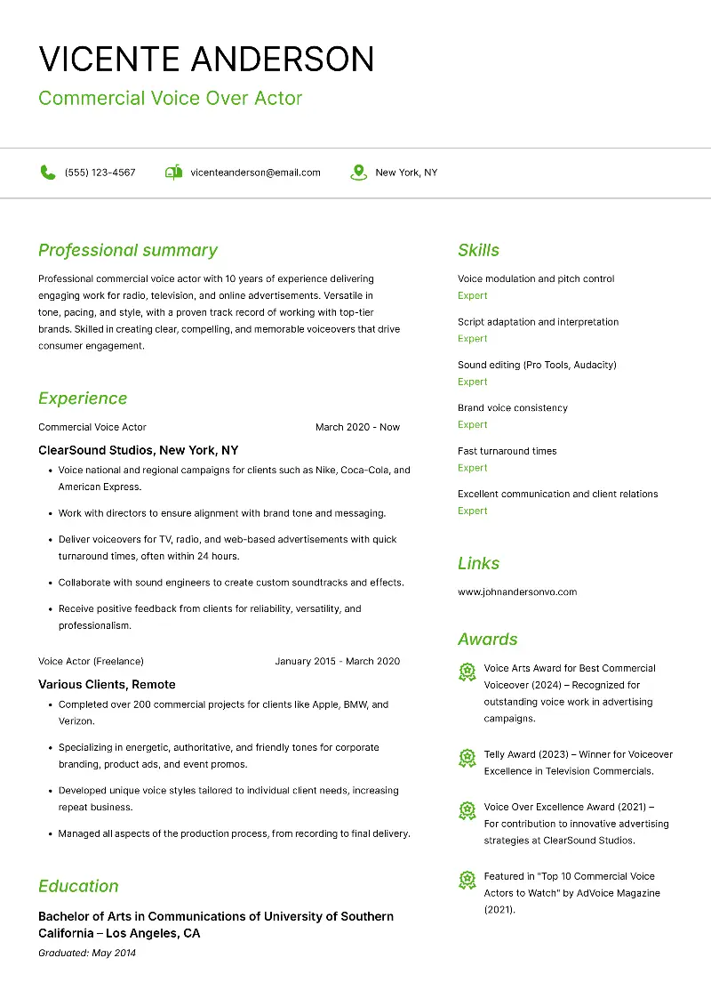 Voice Over Artist Resume Examples and Guide for 2025