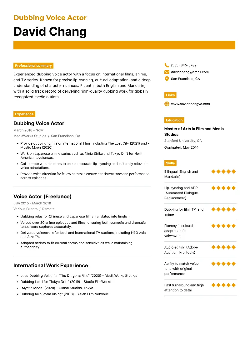 Dubbing Voice Actor Resume