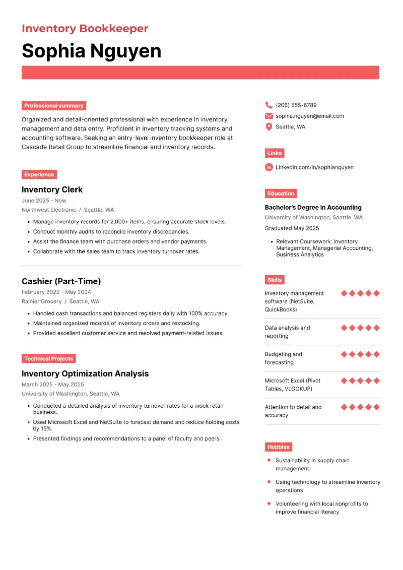 Inventory Bookkeeper Resume