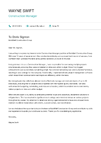 Construction Manager Cover Letter Sample Construction Manager Cover Letter Sample