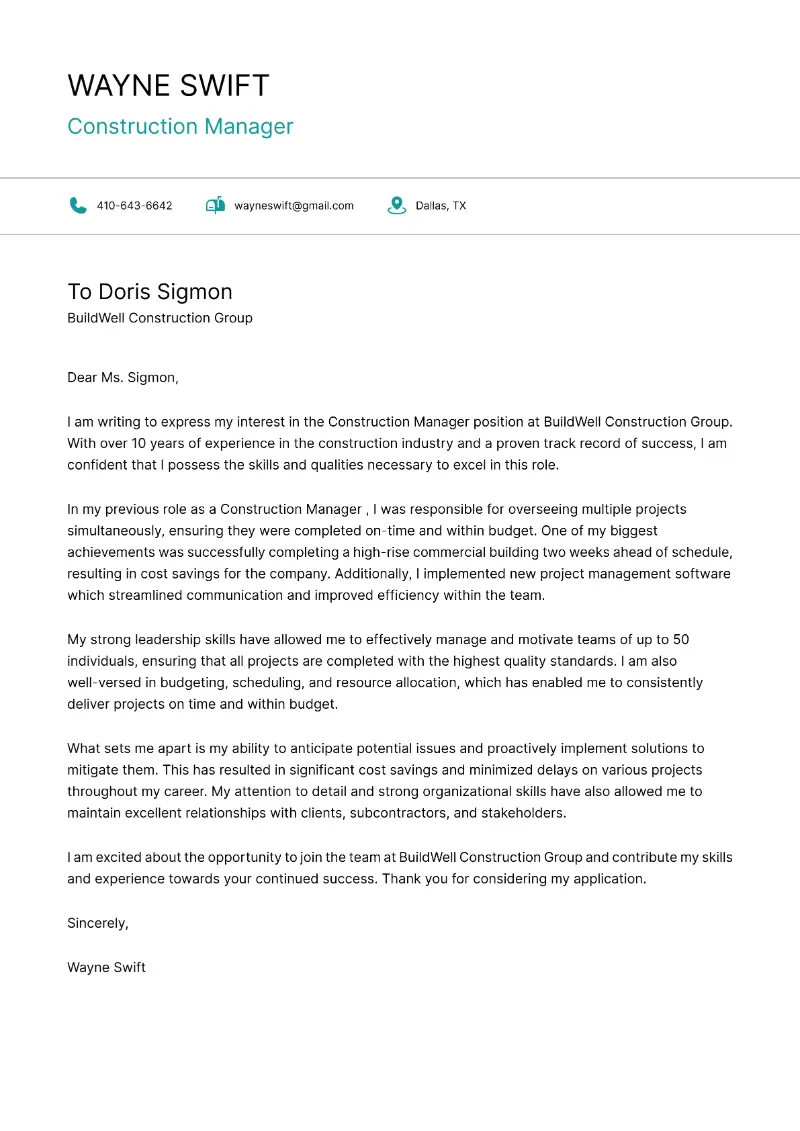Construction Manager Cover Letter Construction Manager Cover Letter