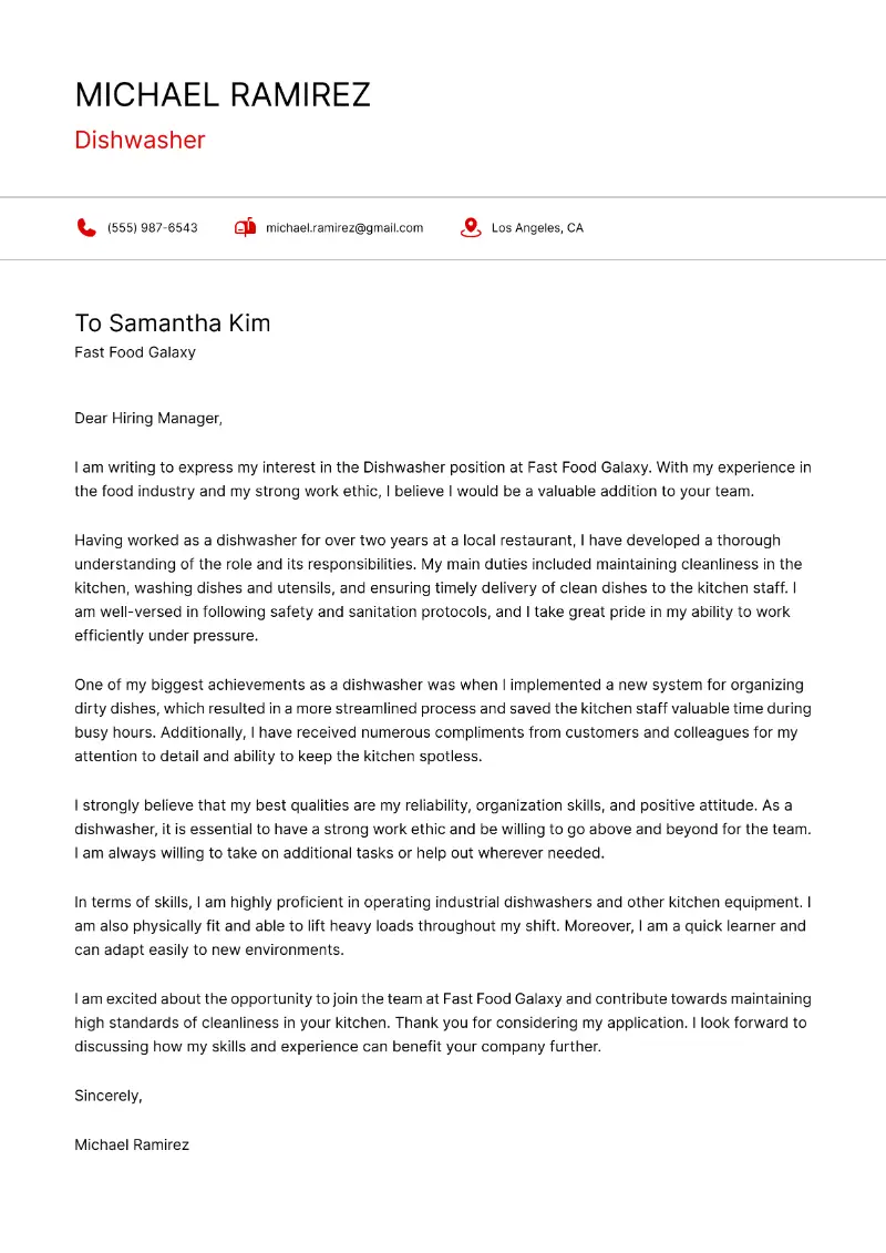 Dishwasher  Cover Letter Dishwasher  Cover Letter