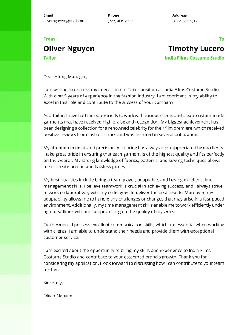 Tailor  Cover Letter Tailor  Cover Letter