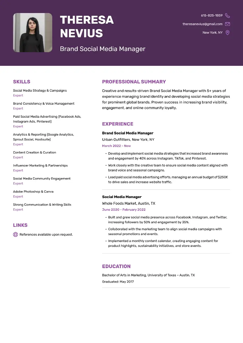 Brand Social Media Manager Resume