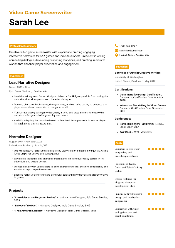Video Game Screenwriter Resume Video Game Screenwriter Resume