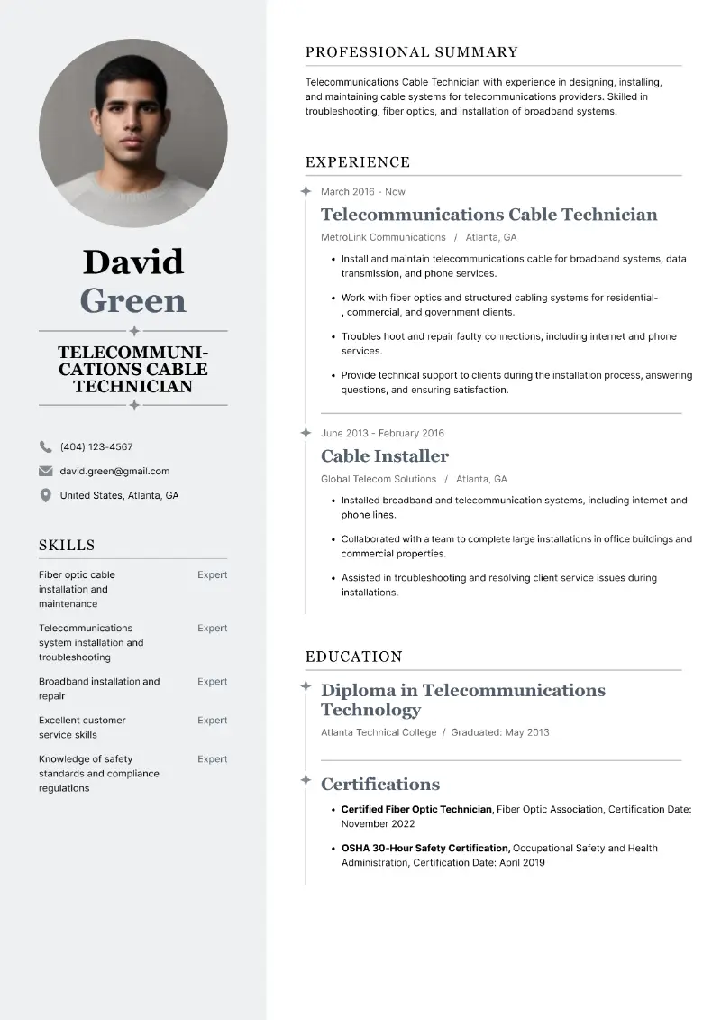 Telecommunications Cable Technician Resume