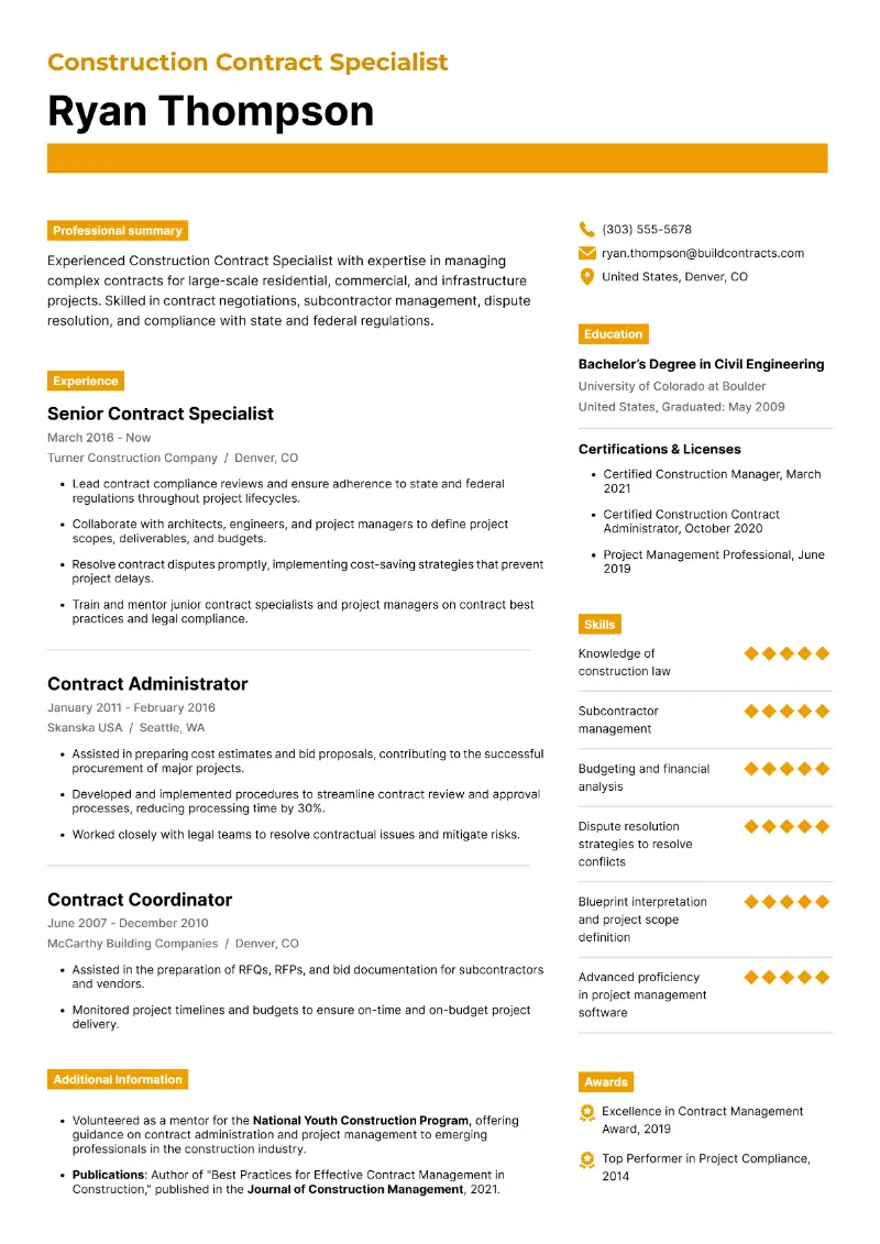 Construction Contract Specialist Resume