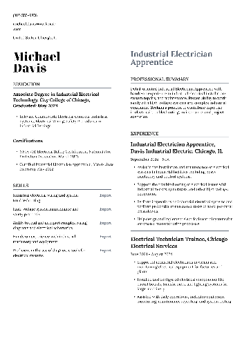 Industrial Electrician Apprentice Resume