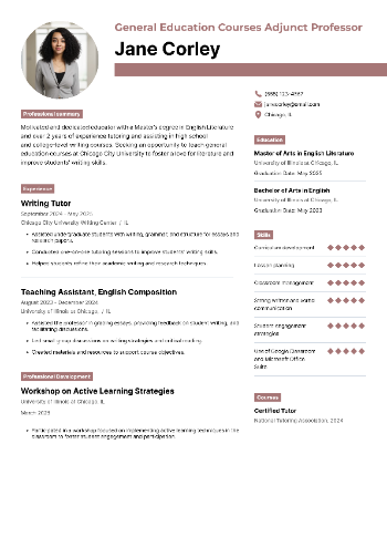 General Education Courses Adjunct Professor Resume