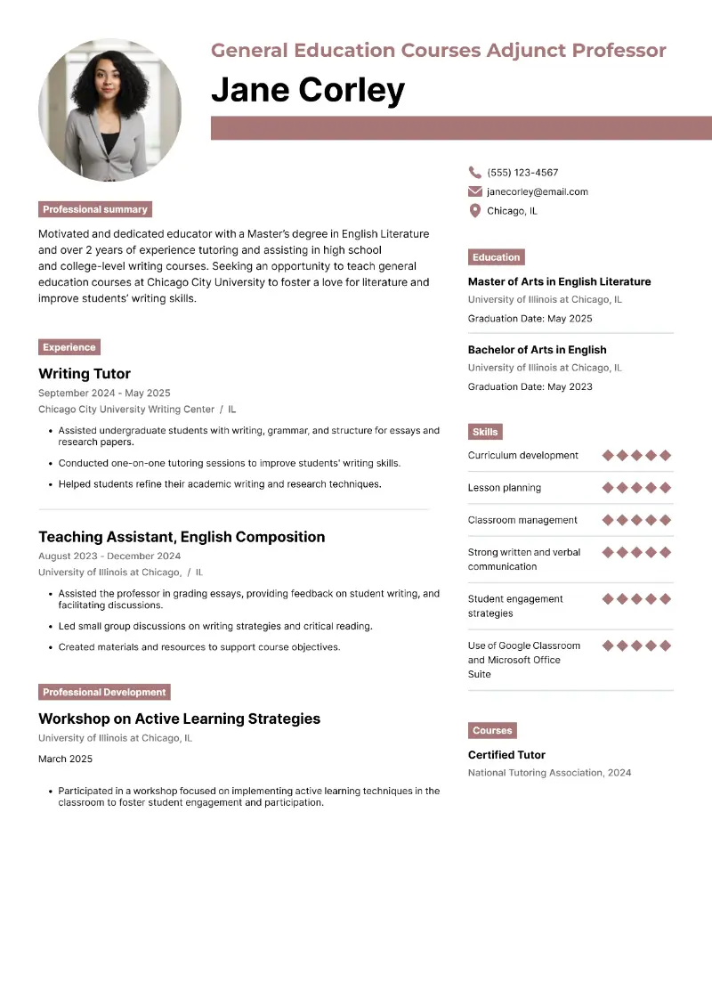 Entry-Level Adjunct Professor Resume Examples and Tips