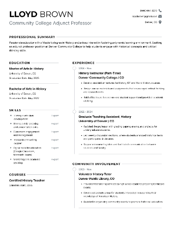 Community College Adjunct Professor Resume