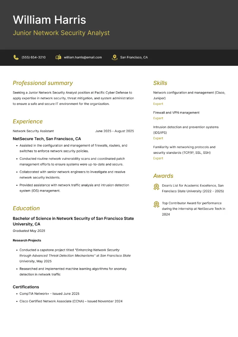 Junior Network Security Analyst Resume