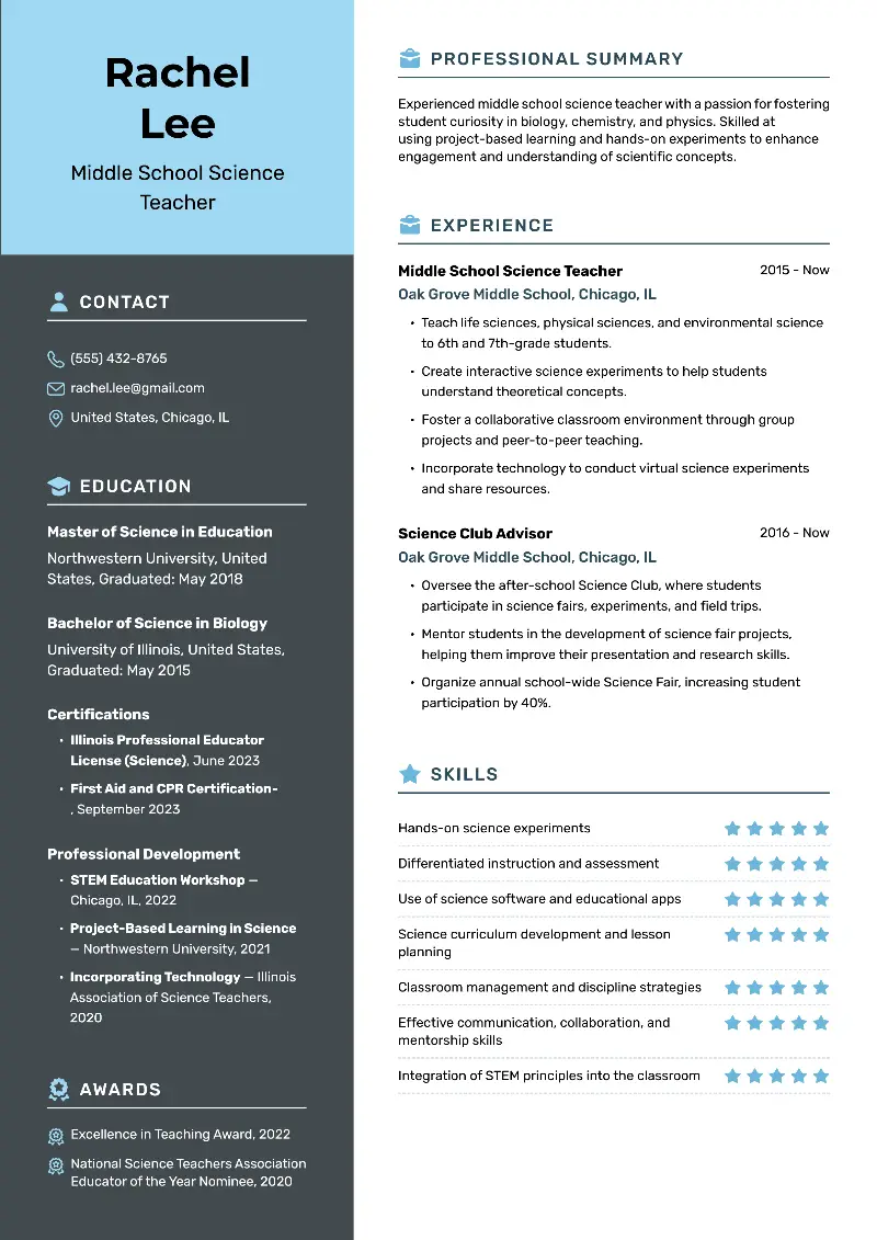 Middle School Science Teacher  Resume Middle School Science Teacher  Resume